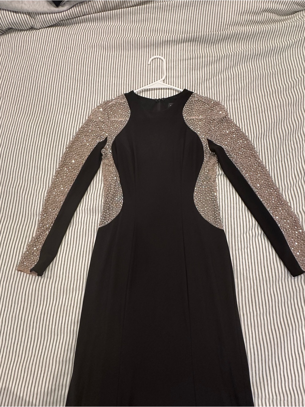 Xscape Dress Black Long-Sleeve with Beaded Nude Illusion